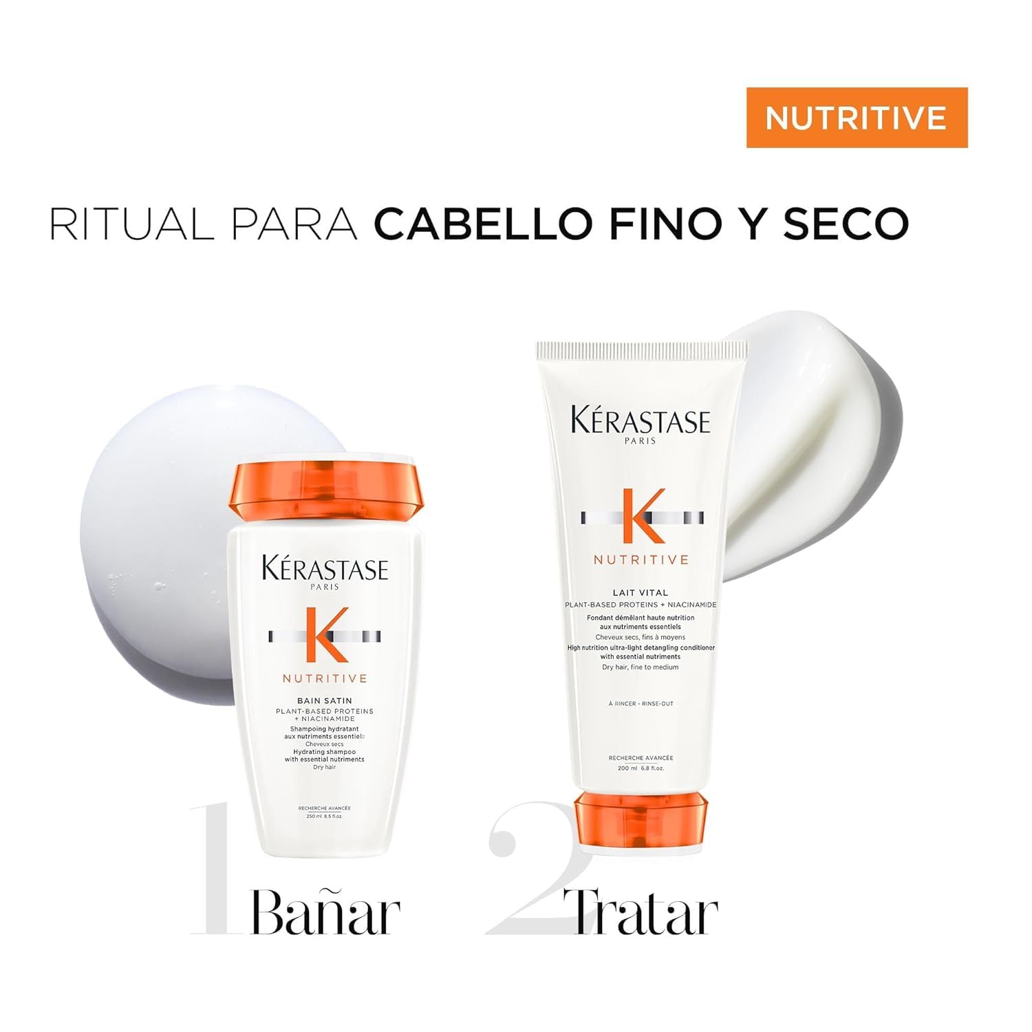 Kérastase Nutritive, Ritual nutritivo para el cabello, Baño Bain Satin + Acondicionador Lait Vital, Para cabello seco y sensibilizado
