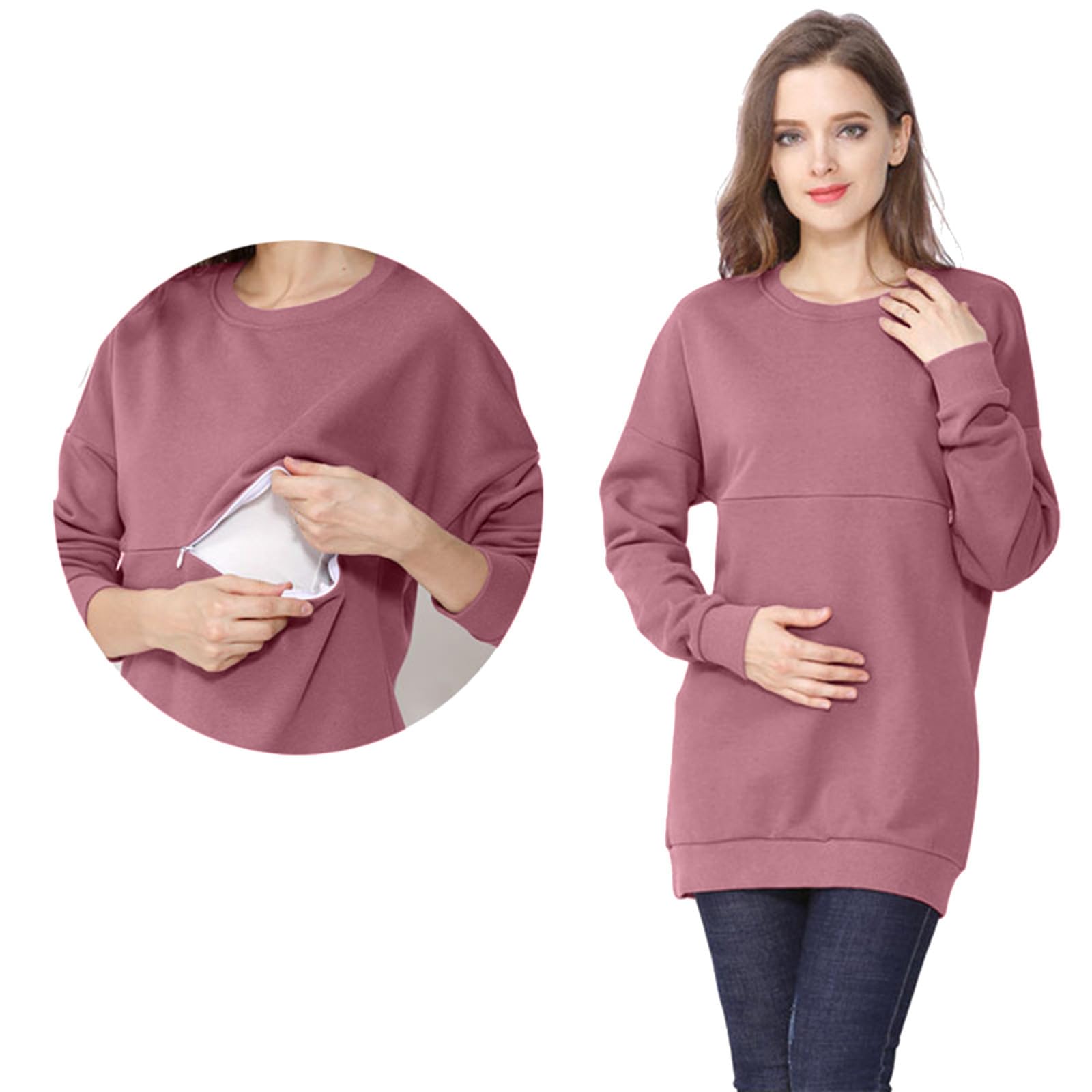 Camiseta de maternidad para mujer con cremallera de manga larga para lactancia, camiseta de lactancia, otoño e invierno, camiseta de manga larga, sudadera monocromática, camiseta de lactancia