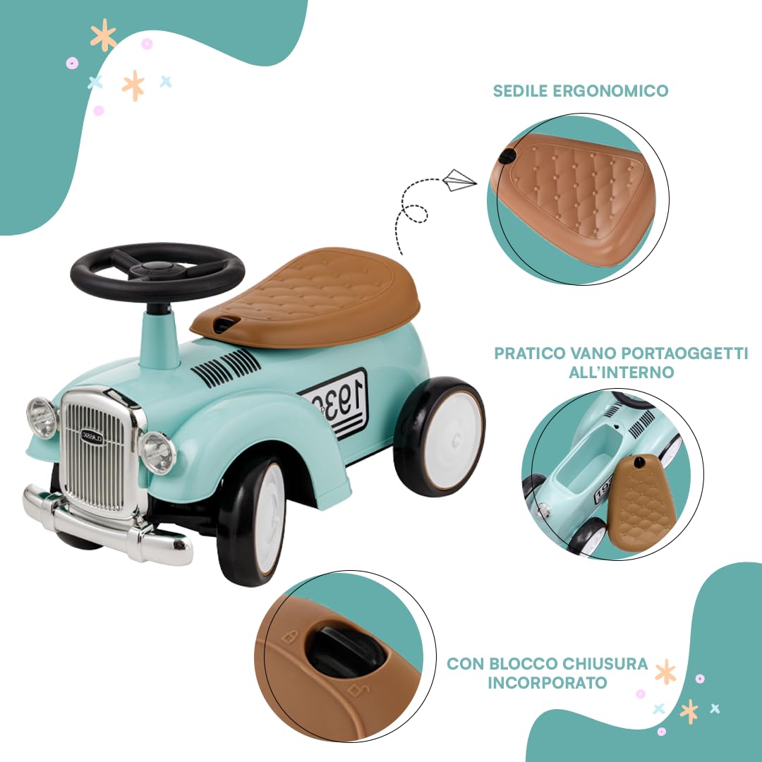 Baroni Toys Macchina Ride-On Vintage per Bambini dai 12 ai 36 Mesi, Baby Car con Clacson ad Aria, Vano Portaoggetti, Manubrio Sterzante e Ruote Stabili per Imparare a Camminare, 25x59x35 cm, Celeste