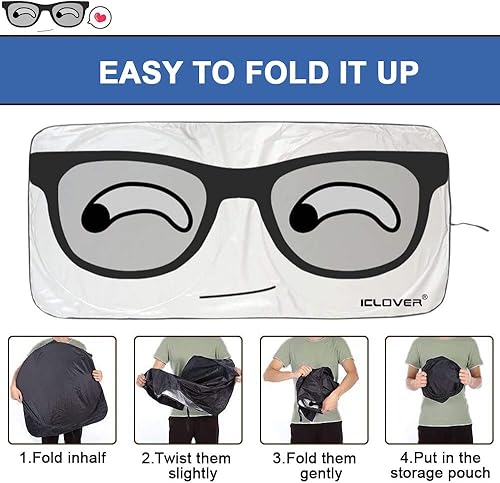 Vista 4 de IC ICLOVER Parasol para parabrisas de automóvil con diseño de mascotas, bonito diseño de dibujos animados, parasol solar plegable plateado para Big