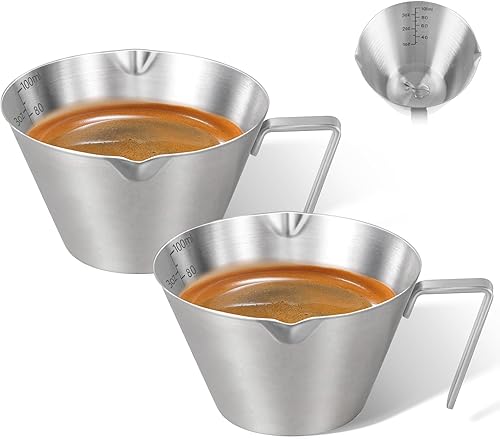 Miniatura 18 de 2 piezas de tazas de espresso de acero inoxidable con asa, taza medidora de metal de doble boquilla con doble escala, taza de espresso con boca en