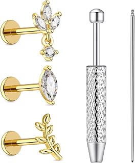 G23 Titanium Flat Back Earrings 16G 18G CZ Cartilage Earring for Women Internally Threaded Stud Earrings Dainty Tragus Conch Helix Piercing Jewelry Implant Grade Gold Silver