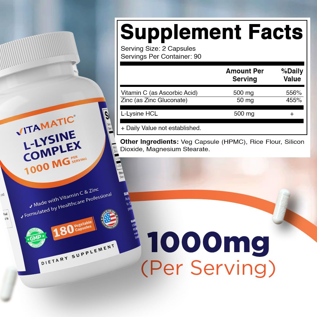 Vitamatic L-Lysine Complex 1000 mg with Vitamin C & Zinc – Immune Support, Cold & Skin Health – 180 Vegetable Capsules – Non-GMO, Gluten Free – Made in USA — Amazon image 2