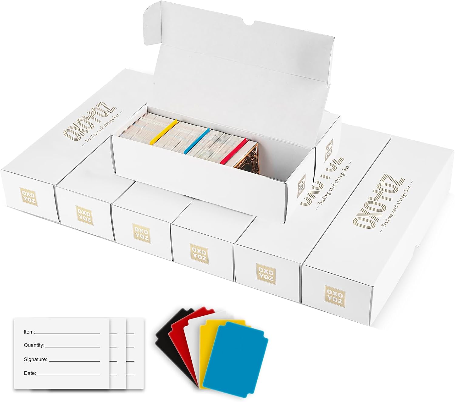 Trading Card Storage Box 8 Pack, Include 5 Color Dividers 6 Label Stickers 10 Dividers, Card Box for Baseball Football Basketball Sports Cards,Mtg (8 Pack-White-Horizontal, 10.2''L)