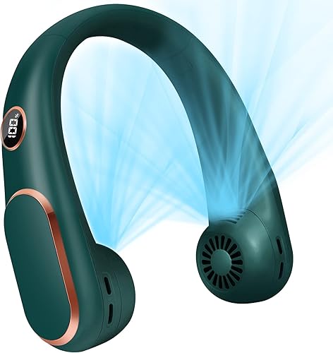 RILLKRN Ventilador de cuello, ventiladores de cuello portátiles recargables con pantalla LED, ventilador de cuello sin aspas con viento fuerte para
