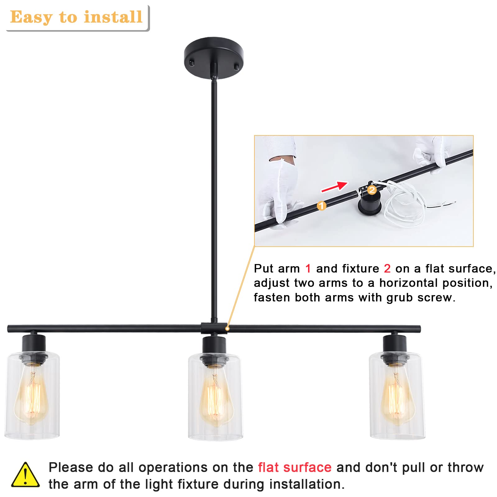 LJHhowe Black Pendant Light Fixtures with Glass Shade 3 Lights Kitchen Island Chandelier Light Adjustable Height Modern Linear Ceiling Hanging Lighting for Dining Room, Foyer, Bar, Restaurant, Cafe