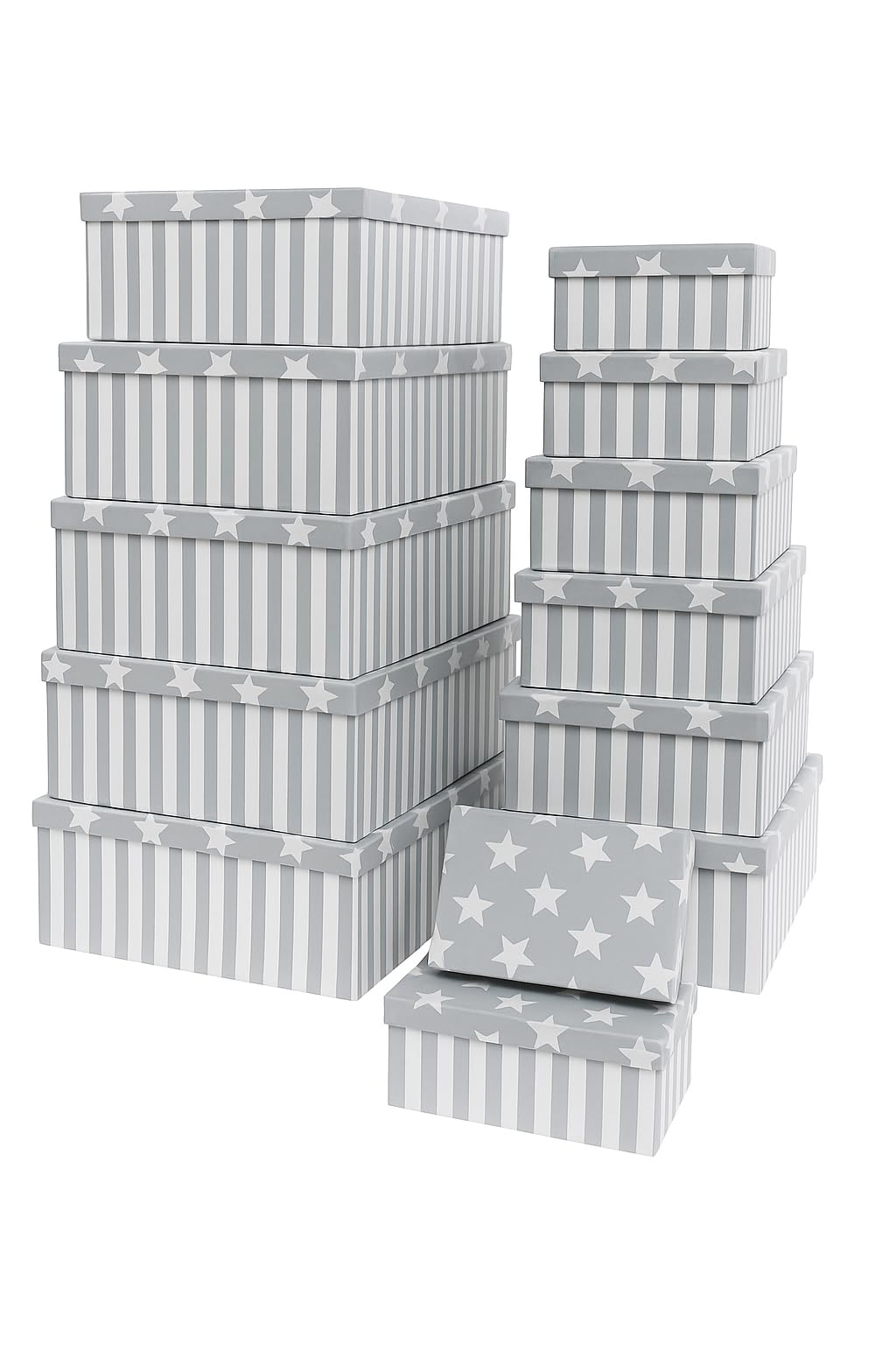 Brandsseller Lot de 10 boites gigognes, Boites-cadeaux, Boites de rangement, Boites en carton avec couvercle – Carton solide à motif étoiles et rayures, Carton, gris, 37,5x29x16cm - 19x13x7,5cm