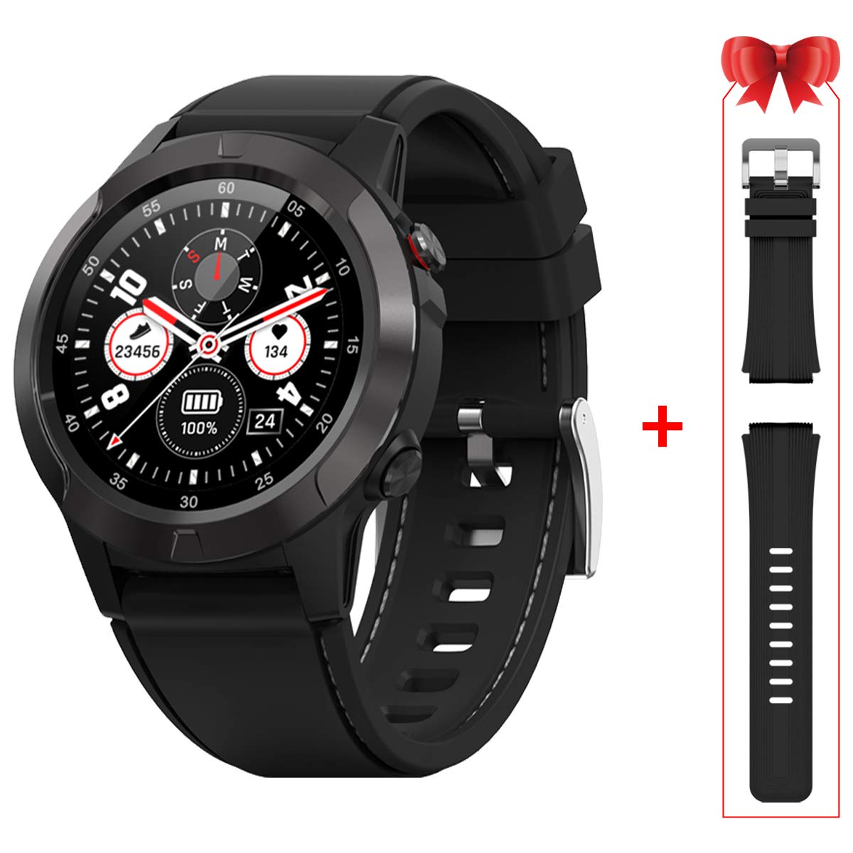Smart Watch for Android iOS Phones, GPS Smartwatch for Men with Heart Rate and BP Monitor, Pedometer, Text Call Notification, Compass, Barometer, Altitude, Leather and Rubber Bands, Round Face, 2020