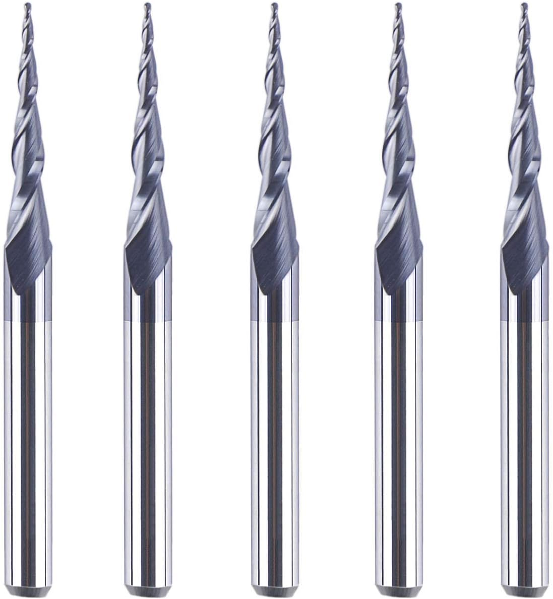 SpeTool 5Pcs Tapered Ball Nose Carving End Mill 1/8 inch Shank 0.25MM Radius (0.5MM Diameter) Tips 3D Woodworking Tool CNC Router Bits