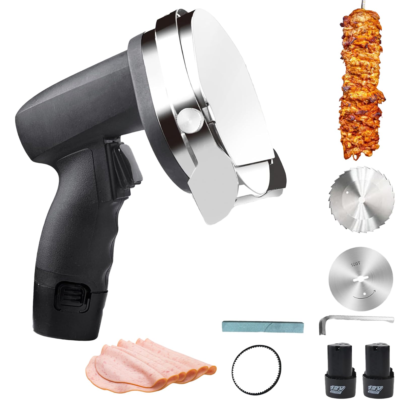 Cortadora eléctrica inalámbrica de Kebab, cortador de carne comercial 80W con cuchillas de acero inoxidable dual, espesor ajustable de 0-8 mm para barbacoa en el hogar y restaurante, diseño ligero y f