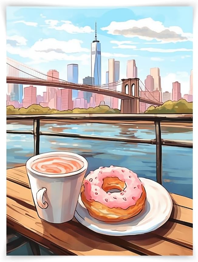 8x10 Brooklyn Bridge Donuts Watercolor Print, Scenic NYC Art, Coffee and Past...