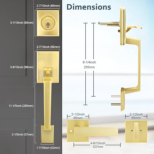 Miniatura 6 de EHOMEWARE Juego de manijas de puerta delantera doble de latón, palanca de puerta cuadrada resistente dorada y cerrojo de un solo cilindro combinado