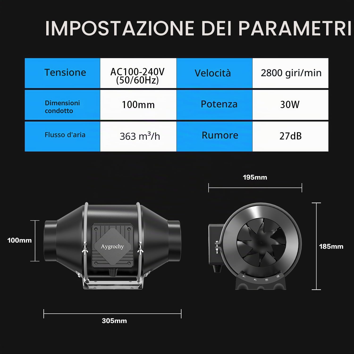 Aygrochy App Wifi Ventola di Aspirazione 100mm, estrattore d'aria con regolatore di temperatura e umidità, motore EC, 2800 giri/min, aspiratore aria e fumo per cucina, garage, bagno,tende di crescita.