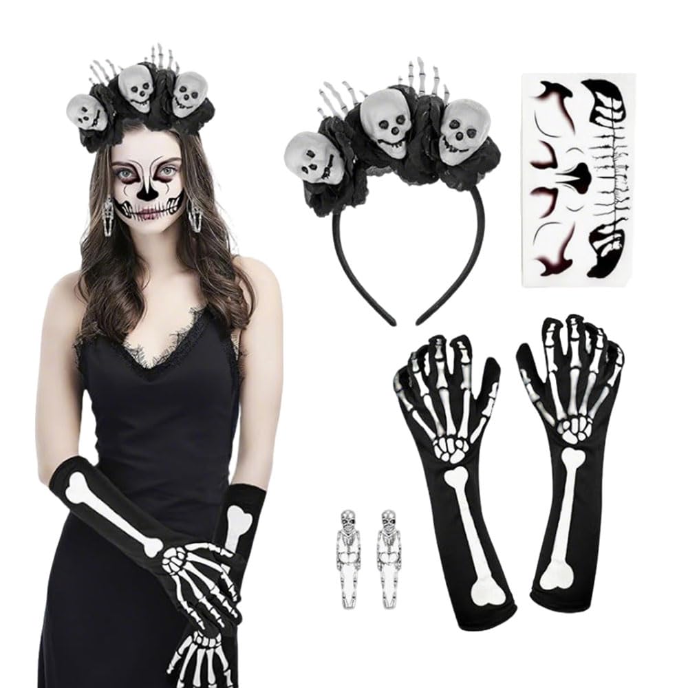 ALUNME Halloween Black Death-Themed Accessory Set - Skull Headband, Earrings, Gloves & Stickers, Ideal for Party & Cosplay Props