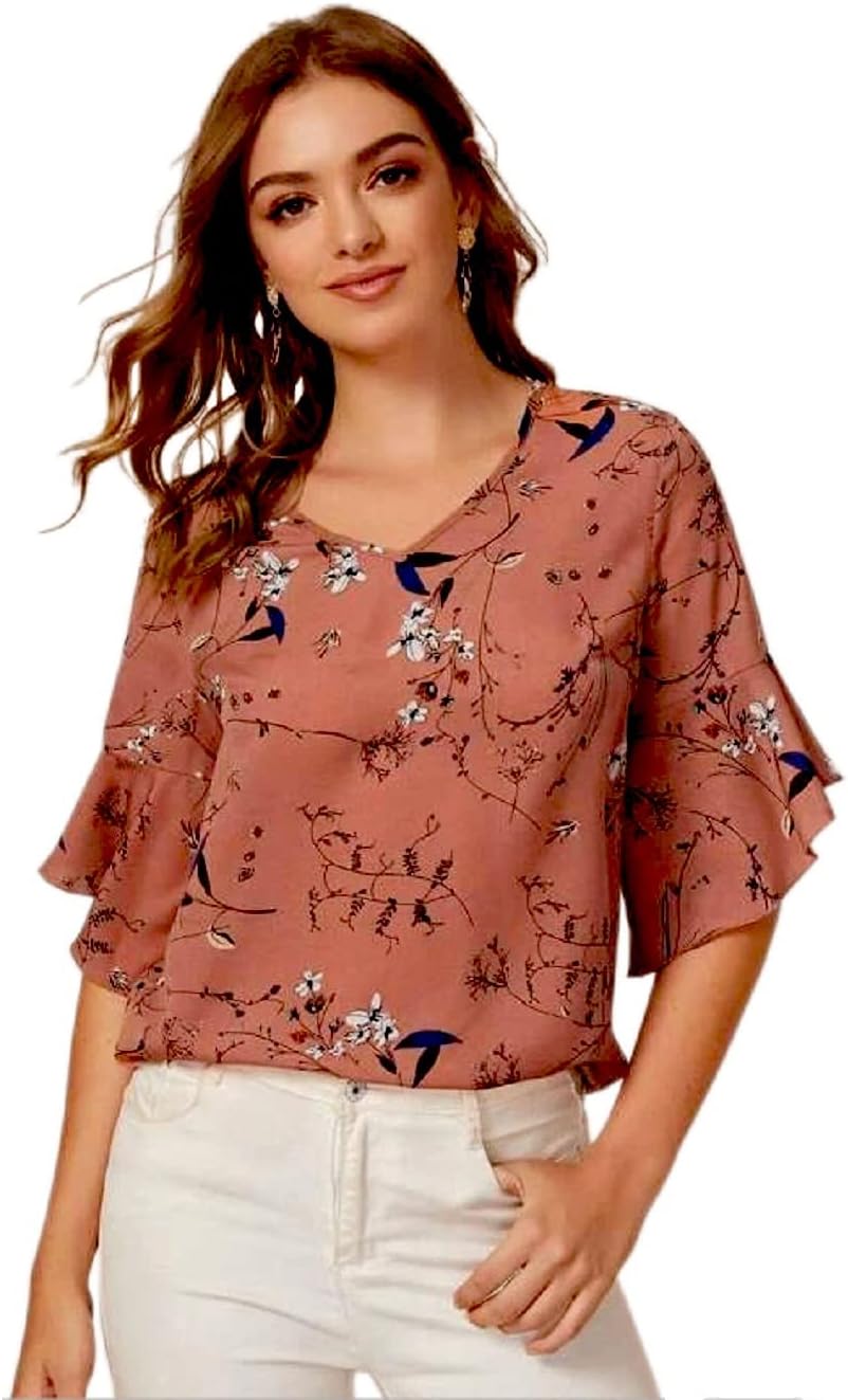 GRECIILOOKSWomen's Plain Crepe with Ruffle Sleeve Design on HaGL-Sleeve Regular Fit Office wear,Casual wear Top