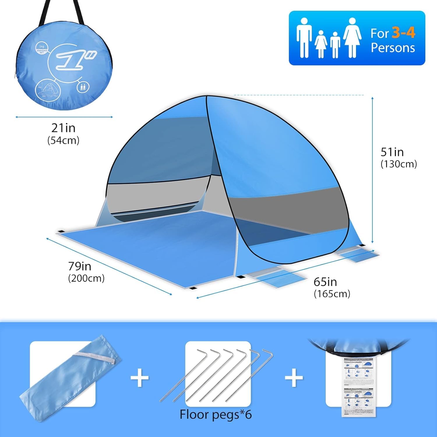 Tenda da spiaggia pop up, ripari dal sole, tenda da spiaggia pop up antivento tenda da spiaggia per 3-4 persone famiglia spiaggia, campeggio, giardino, escursionismo tenda