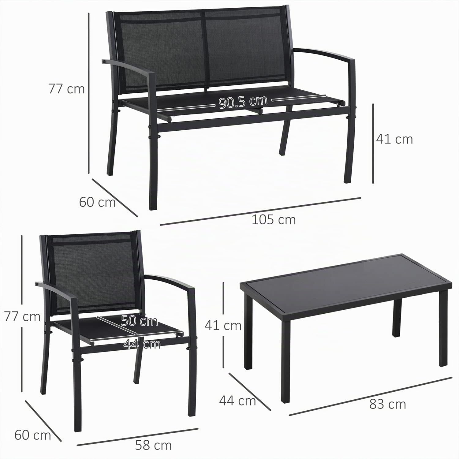 FRANKYSTAR Adelaide - Salottino da giardino di design con divanetto + 2 poltrone + tavolino da caffè con ripiano in vetro. Set lounge da esterno 4 pezzi in metallo e textilene nero