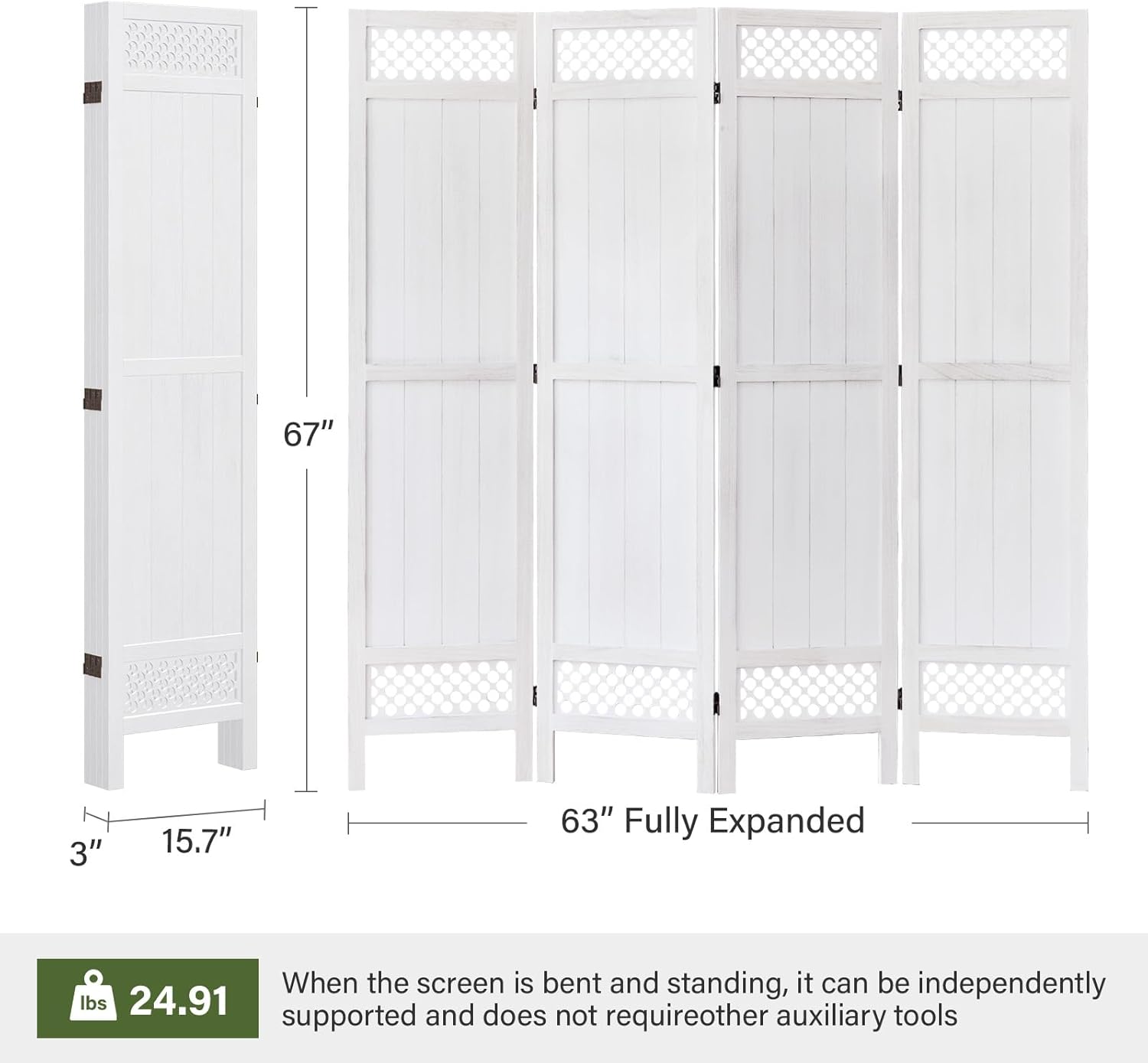 Privacy Screen Room Divider Panel - 67 Inch Tall Natural Wood Folding Partition Room Dividers, No-Assembly Required, Enhance Privacy and Aesthetic Appeal, Ideal for Home or Office White 4 Panel