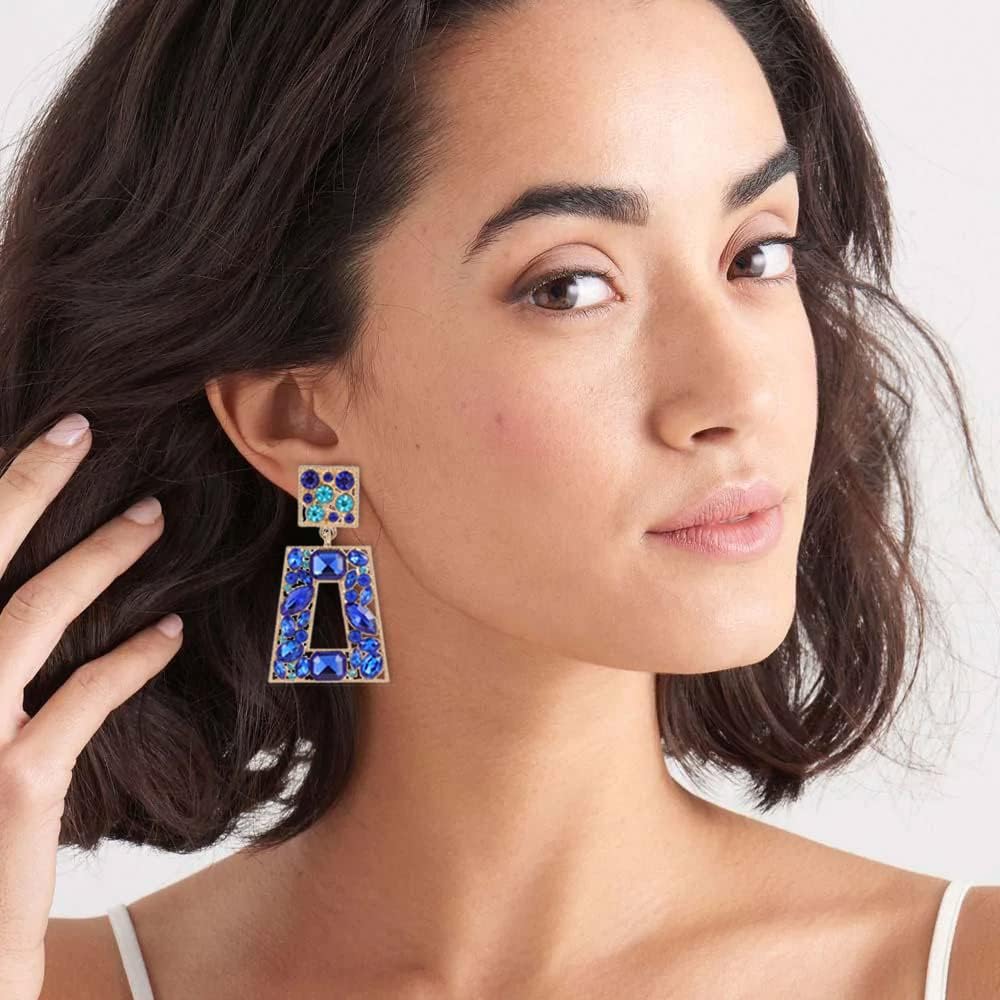 Rhinestone Rectangle Statement Earrings Colorful Crystal Geometric Drop Dangle Earrings for Women Prom Party - Image 2