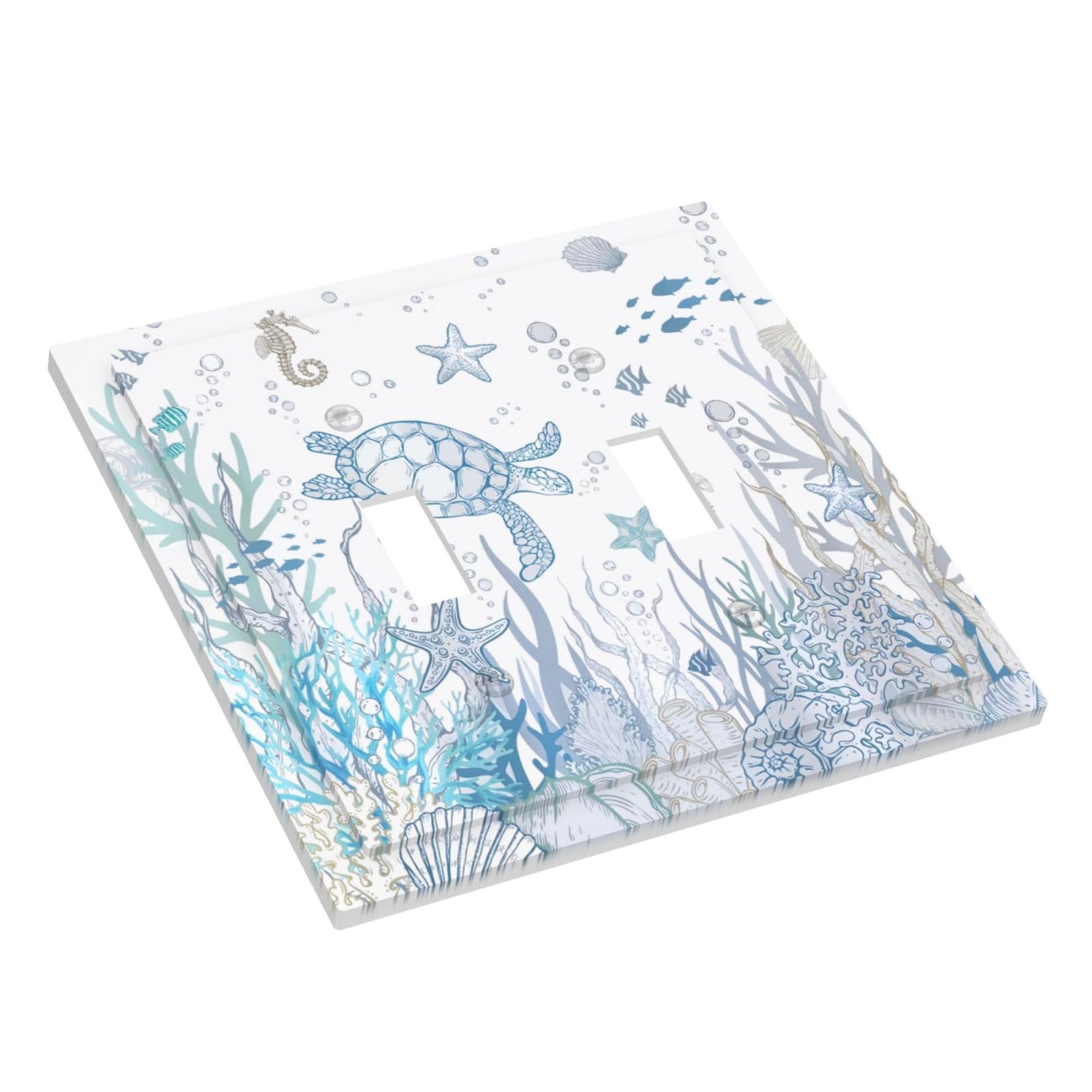 Coral Nautical Sea Turtle Ocean 3 Gang Triple Toggle Light Switch Plate Cover Decorative Starfish Seahorse Wall Plates Electrical Outlet Faceplate For Kids Nursery Bedroom Bathroom