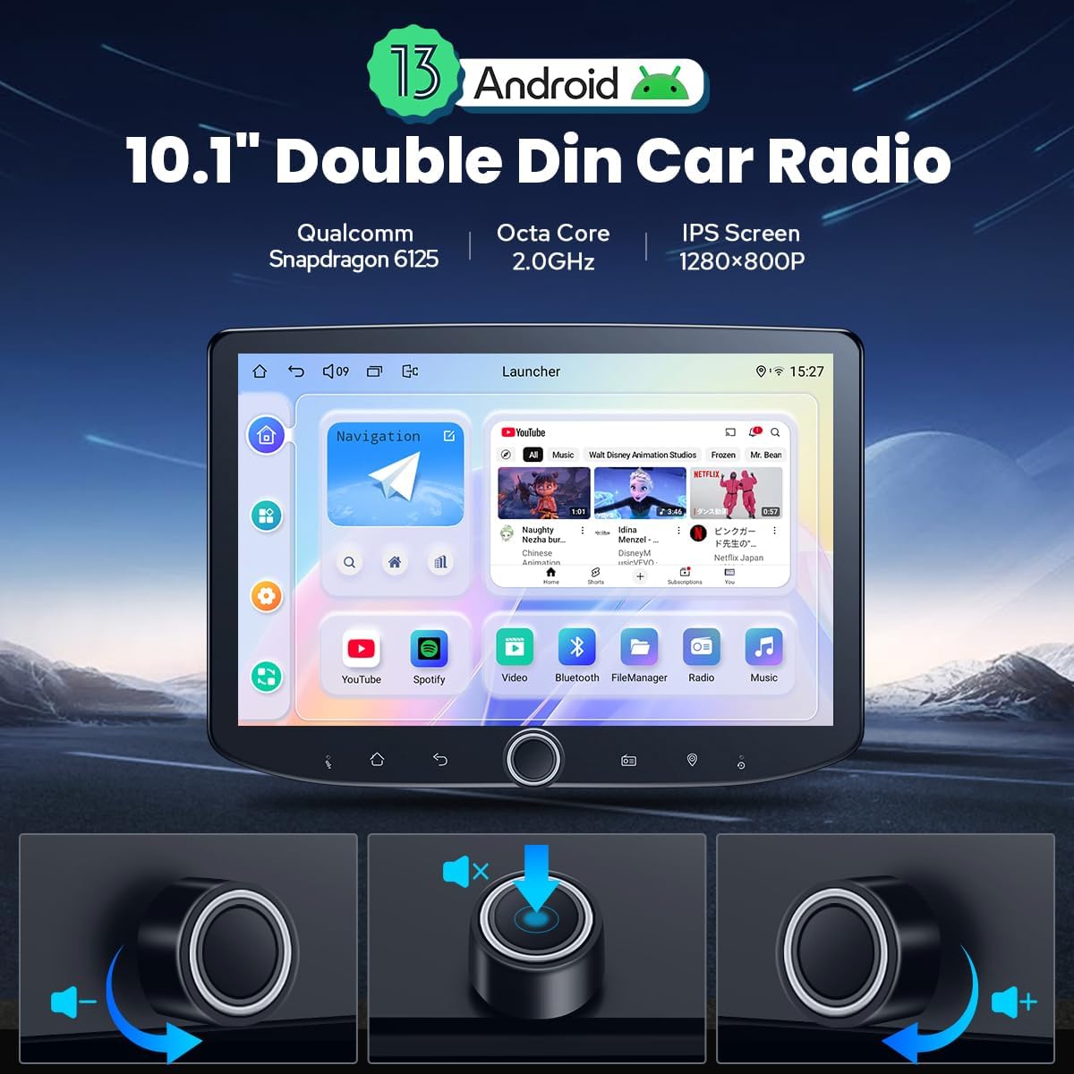 Joying Android 13 Double Din Car Radio with 10.1 inch IPS screen and volume knob