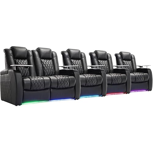 Weilianda Home Theater Seating Top Grain Leather Zero Gravity Recliner Chair Power Headrest Recline Movie Seat Gaming 7 Colors Mood Light Sofa with Tray Table USB Charge Row of 5 Loveseat Left Black