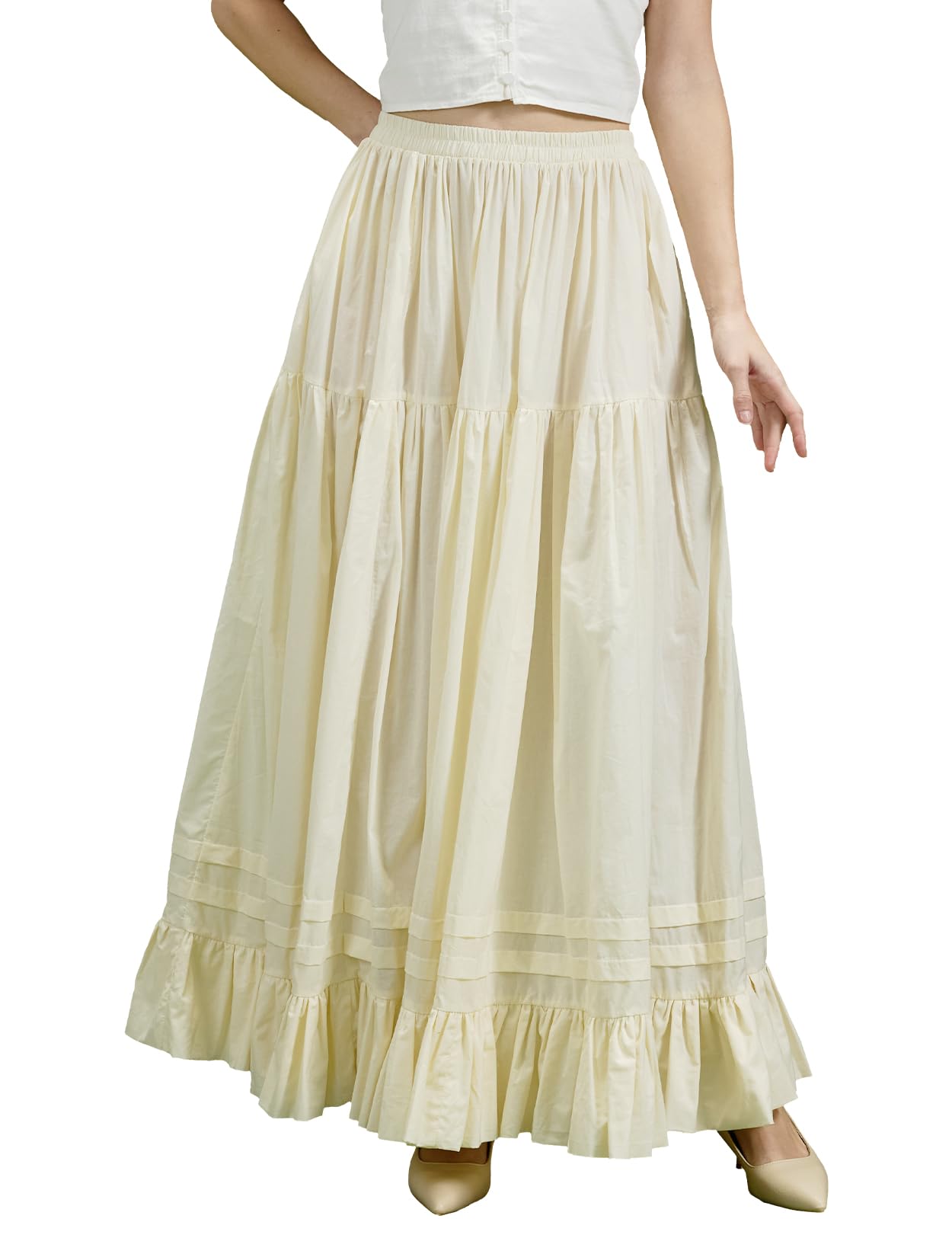 BEAUTELICATE Sottogonna Cotone Lunga Retro A-Linea Sottoveste Voluminoso con Volant Vita Alta Maxi Gonna per Costumi Edoardiana Medievali Bianco Beige