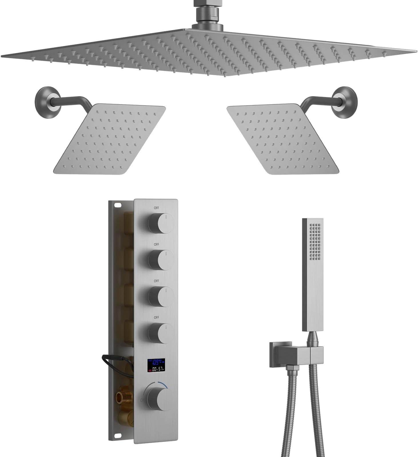 Brushed Nickel Shower System with 3 Rain Shower Head(12+8+8 inch), Handheld Spray, 4 Way Smart Temperature Display Shower Faucet set