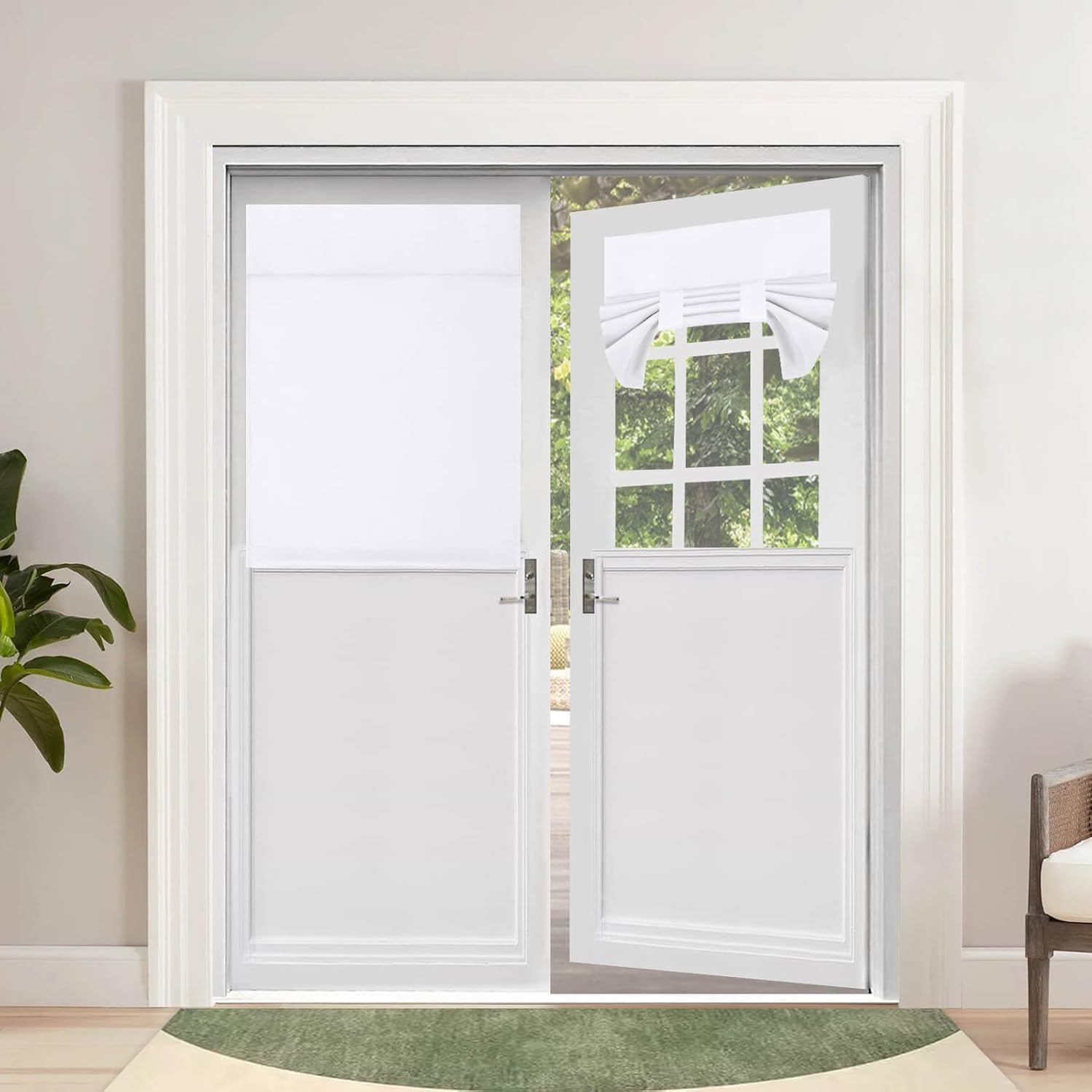 OutdoorLines Blackout French Door Curtains, Privacy Thermal Insulated Tie up Glass Shades, Easy to Install Tricia Window Shade, Front Door Curtain, W26 x L40 inch, White, 2 Panels