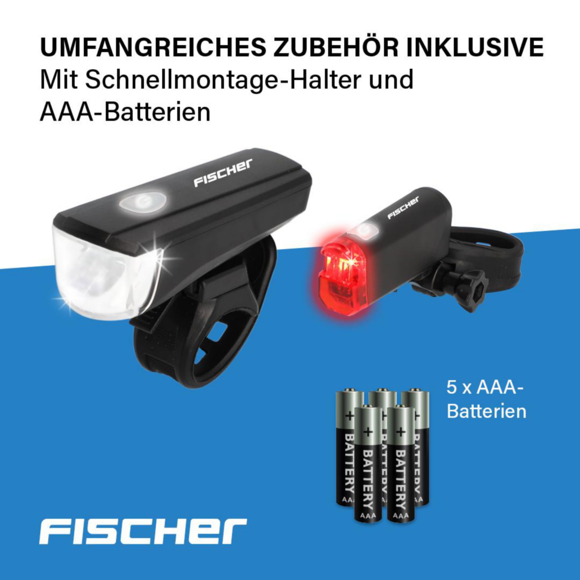 Fischer Zestaw oświetlenia LED do roweru, zestaw oświetleniowy z technologią LED, ochrona przed rozbryzgami wody, czarny, 1 sztuka