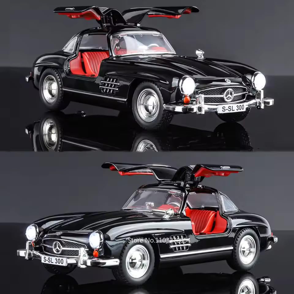 Image of Alokik Enterprise 1:24 Black Marcedes Benz Vintage 300SL Diecast Metal Pull Back Car with 6 Openable Doors with Sound and Light Toy Decoration car Best Gift Toys for Kids 【Black】