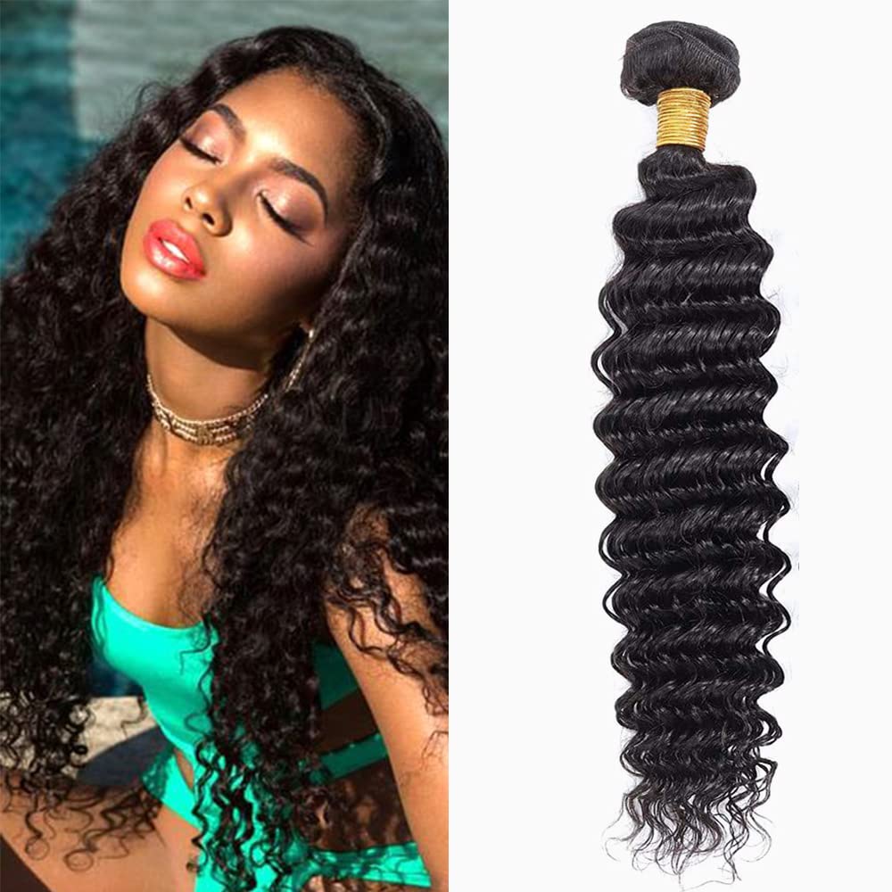 Brazilian Virgin Deep Wave Human Hair Bundles 100% Unprocessed Deep Curly Human Hair Single Bundle Long Inch Human Hair 1 Bundle Natural Black Color For Women (28Inch/NEW)