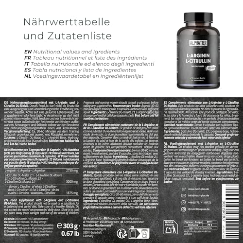 Capsule L-Arginina L-Citrullina Alto Dosaggio - 360 Pillole Vegane - 3000mg di Citrullina Malato + Arginina Base per Porzione - Alphatier - Qualità Premium Senza Magnesio Stearato + Additivi - 5