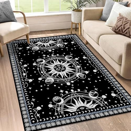 Sun and Moon Rug Boho Celestial Area Rugs for Bedroom Dorm Living Room Bohemian Occult Crescent Solar Stars Galaxy Floor Mat Pad Doormat Carpet,59" X 39",Black Black 3' x 5' (Rectangular)