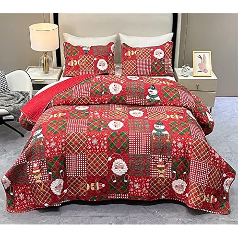 Christmas Quilt Set Queen Size Patchwork Bedspread Set Red Santa Claus Plaid Quilted Bedding Comforter Set Lightweight Reversible Stitched Bed Cover Blanket with Pillow Shams Cover