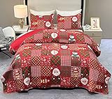 Christmas Quilt Set Queen Size Patchwork Bedspread Set Red Santa Claus Plaid Quilted Bedding Comforter Set Lightweight Reversible Stitched Bed Cover Blanket with Pillow Shams