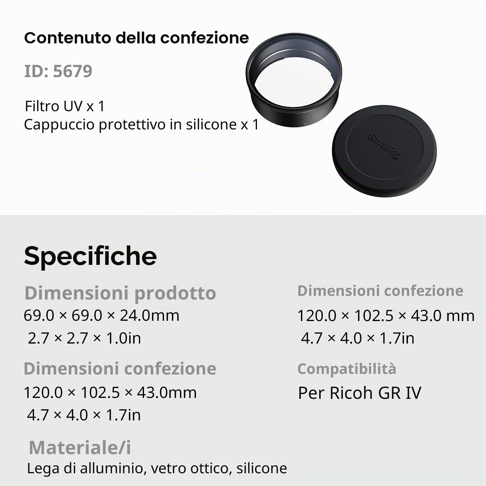 SMALLRIG Filtro UV e paraluce tutto in uno per RICOH GR IV GRIV con cappuccio protettivo in silicone, paraluce dedicato per ridurre la luce diffusa, rivestimenti multistrato, resistente ai graffi