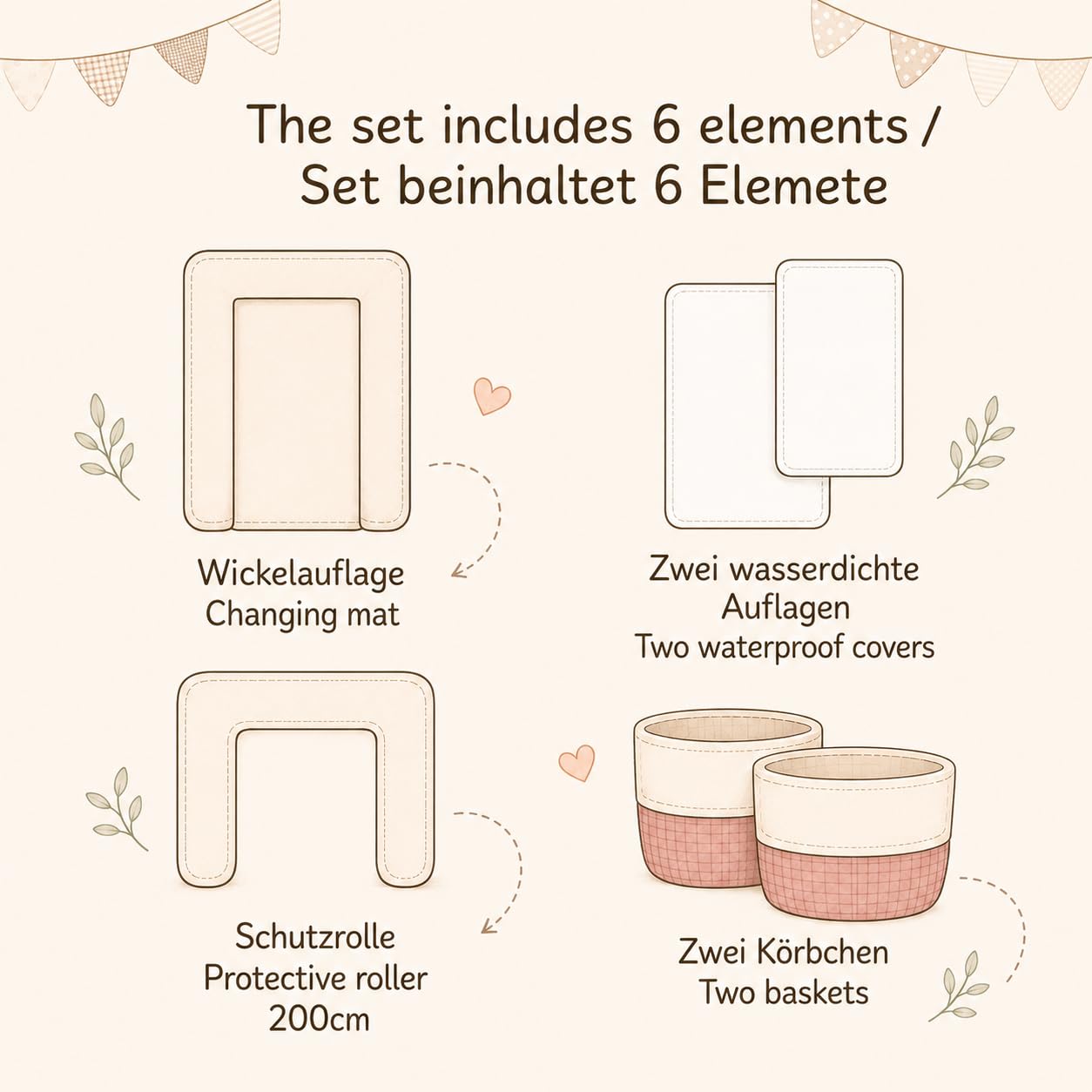 Wickelauflage Set 6-teilig – Wickelunterlage aus Baumwolle & Waffelstoff – Baby Wickelauflage – Geschenk zur Babyparty – Wickeltischauflage – 75x72 cm (Breite x Tiefe), Tauwiese + Rosa