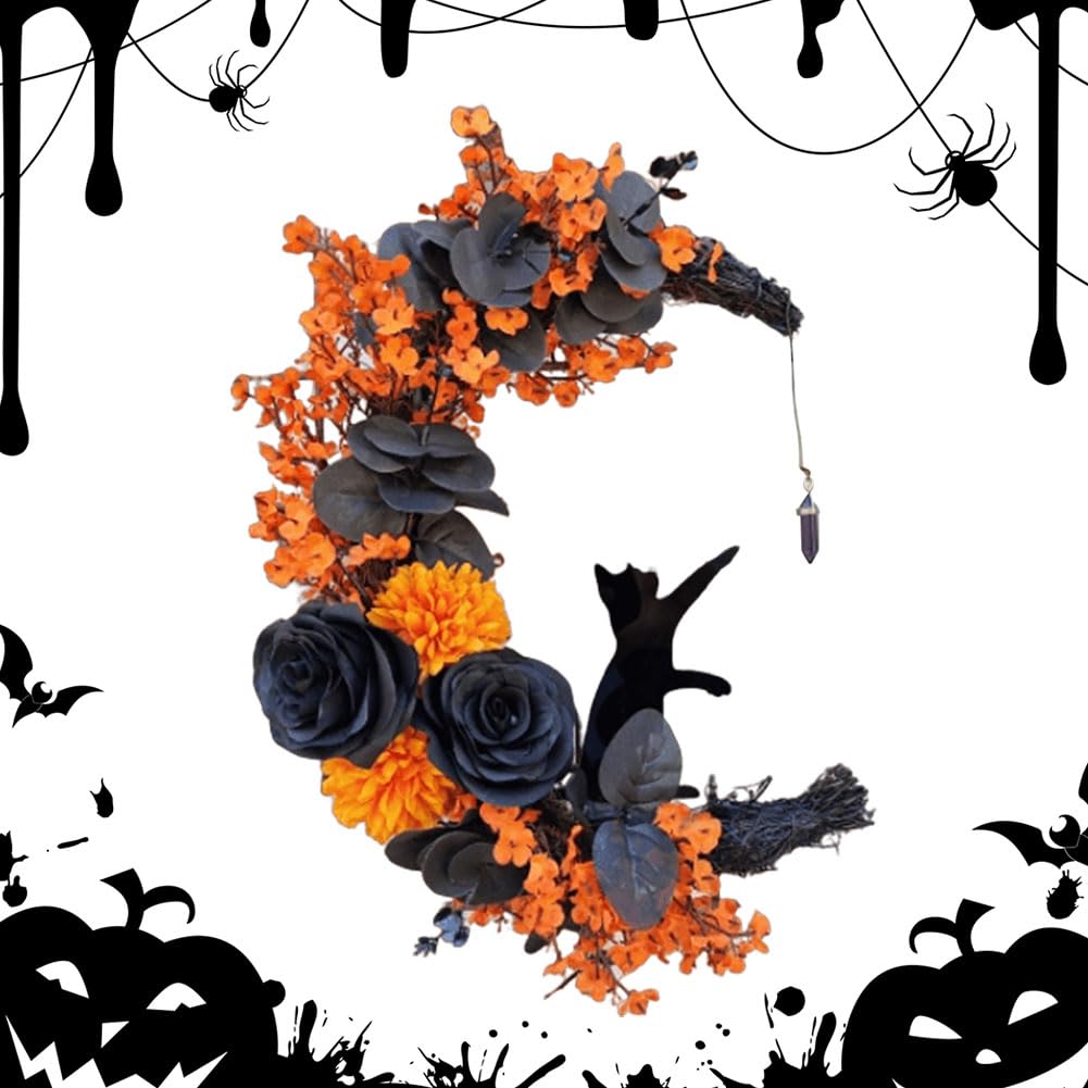 Halloween-Mondkranz mit schwarzer Katze, Halloween-Katzen-Türkranz, Halloween-Mond-Katzenkränze for Zuhause, Party, Fenster, Wand, drinnen und draußen