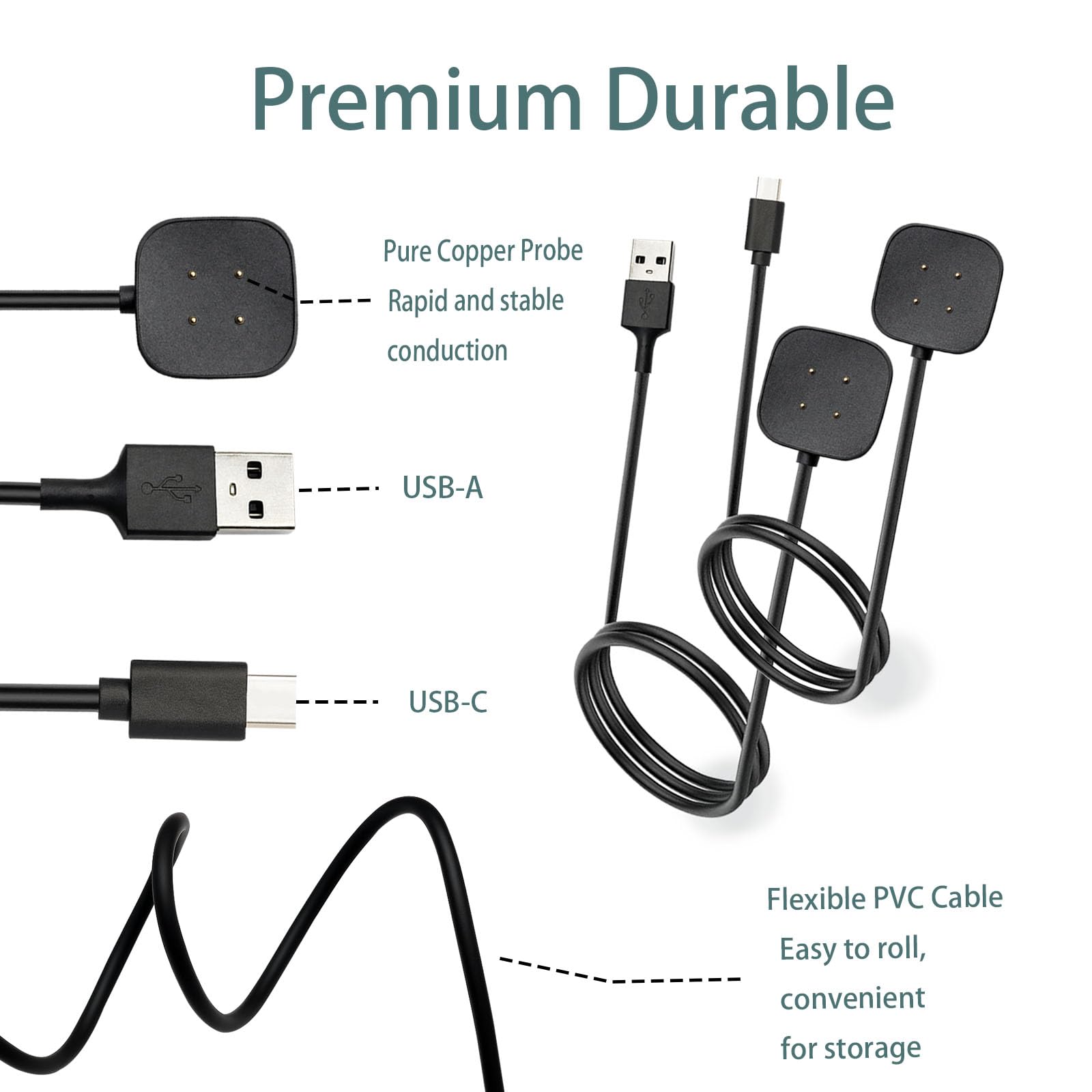 2er-Pack Ladegerät für Fitbit Sense/Sense 2/Versa 3/Versa 4, magnetisches Ersatz-Ladekabel, kompatibel mit Fitbit Sense 1/2, USB-Ladekabel für Versa 3/4 Smart Watch 【100 cm