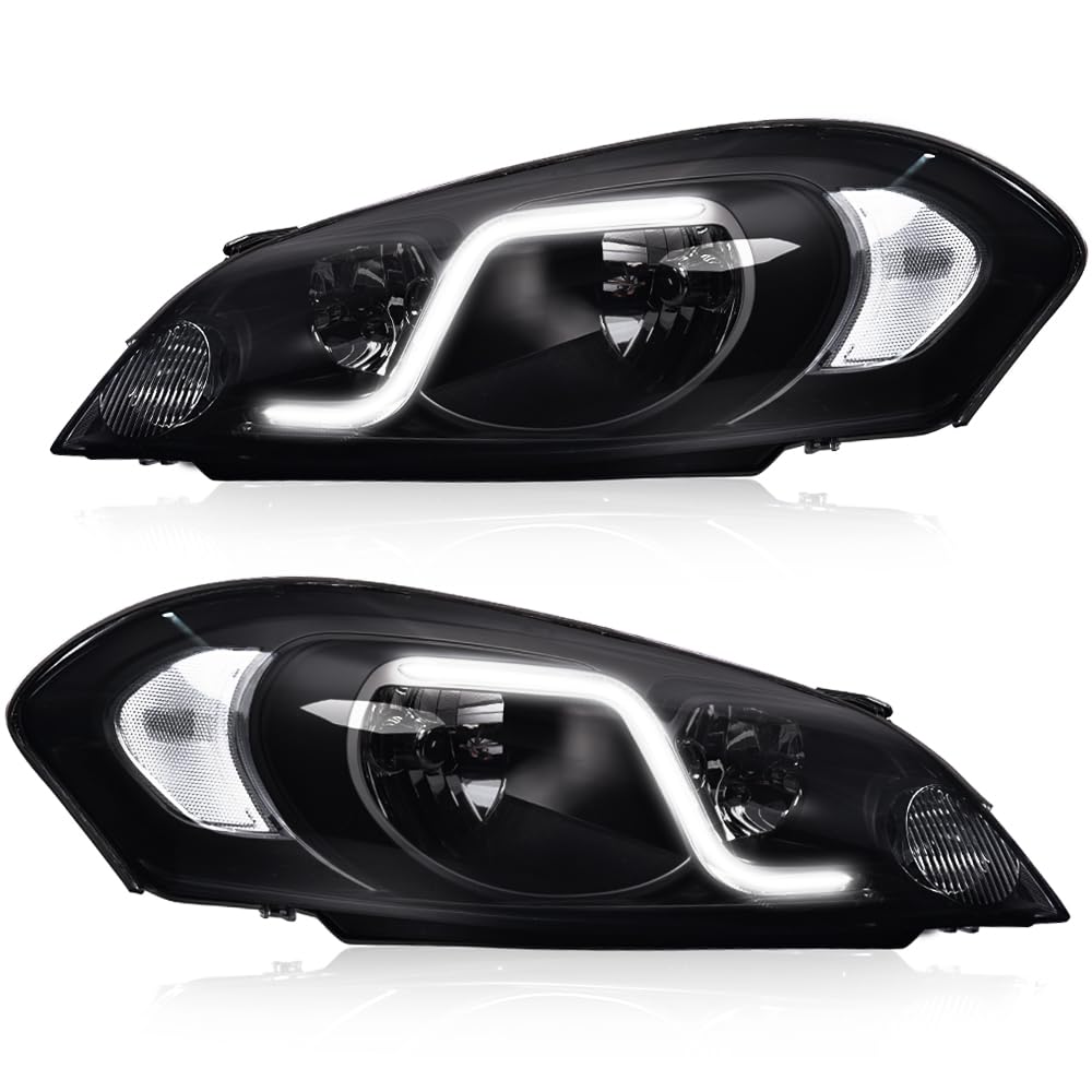 PIT66 LED Headlight, Compatible with Chevy Impala 2006-2013/ Fit Impala Limited 2014-2016/ Fit Monte Carlo 2006-2007 Headlamp DRL Assembly Accessories Smoky lens Black Housing Clear Reflector