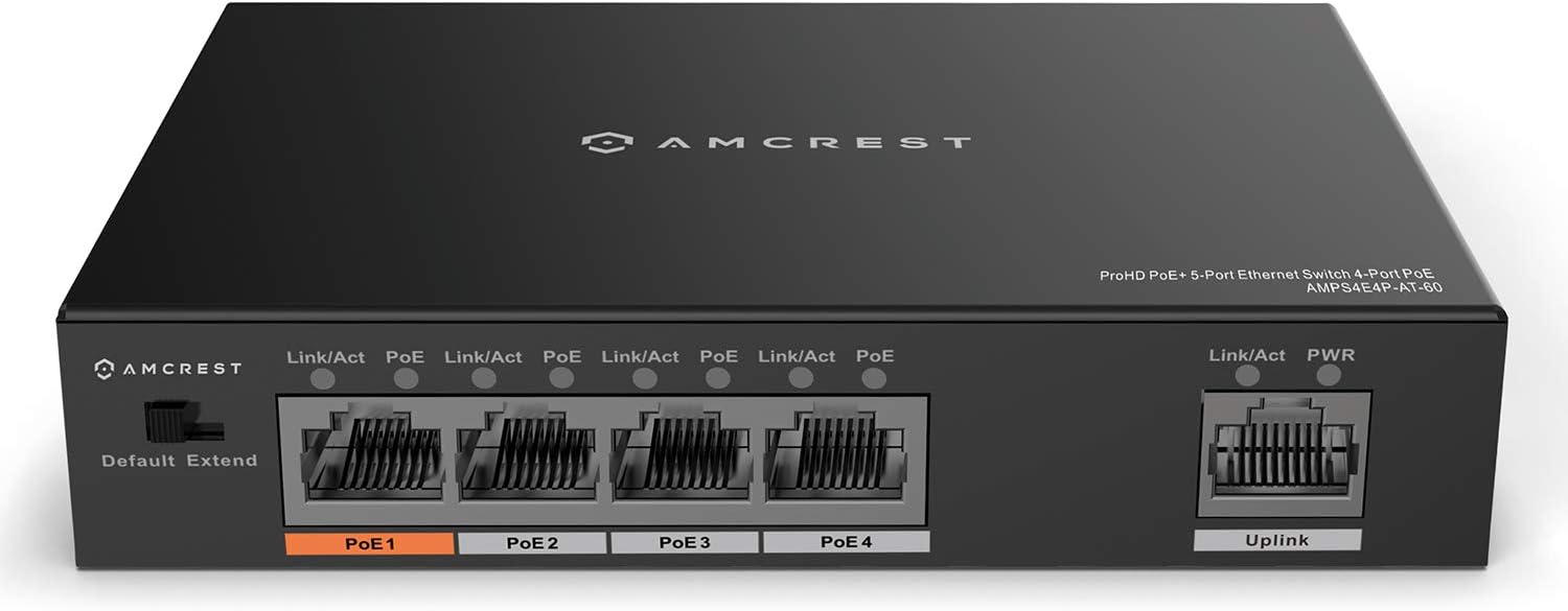 Amcrest 4-Port POE+ Power Over Ethernet POE Switch with Metal Housing, 4-Ports POE+ 802.3af/at 60W (AMPS4E4P-AT-60)