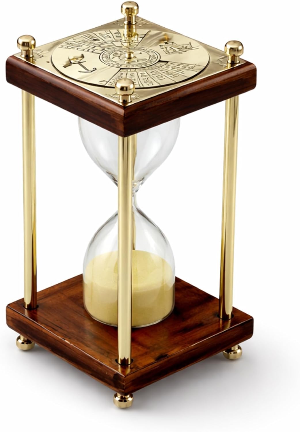 Vintage Wooden Sandtimer with Brass Frame & 100 Year Calendar Dial – Nautical Hourglass Timer for Desk Decor, Office, Study Room, Antique Gift, Classic Maritime Decoration
