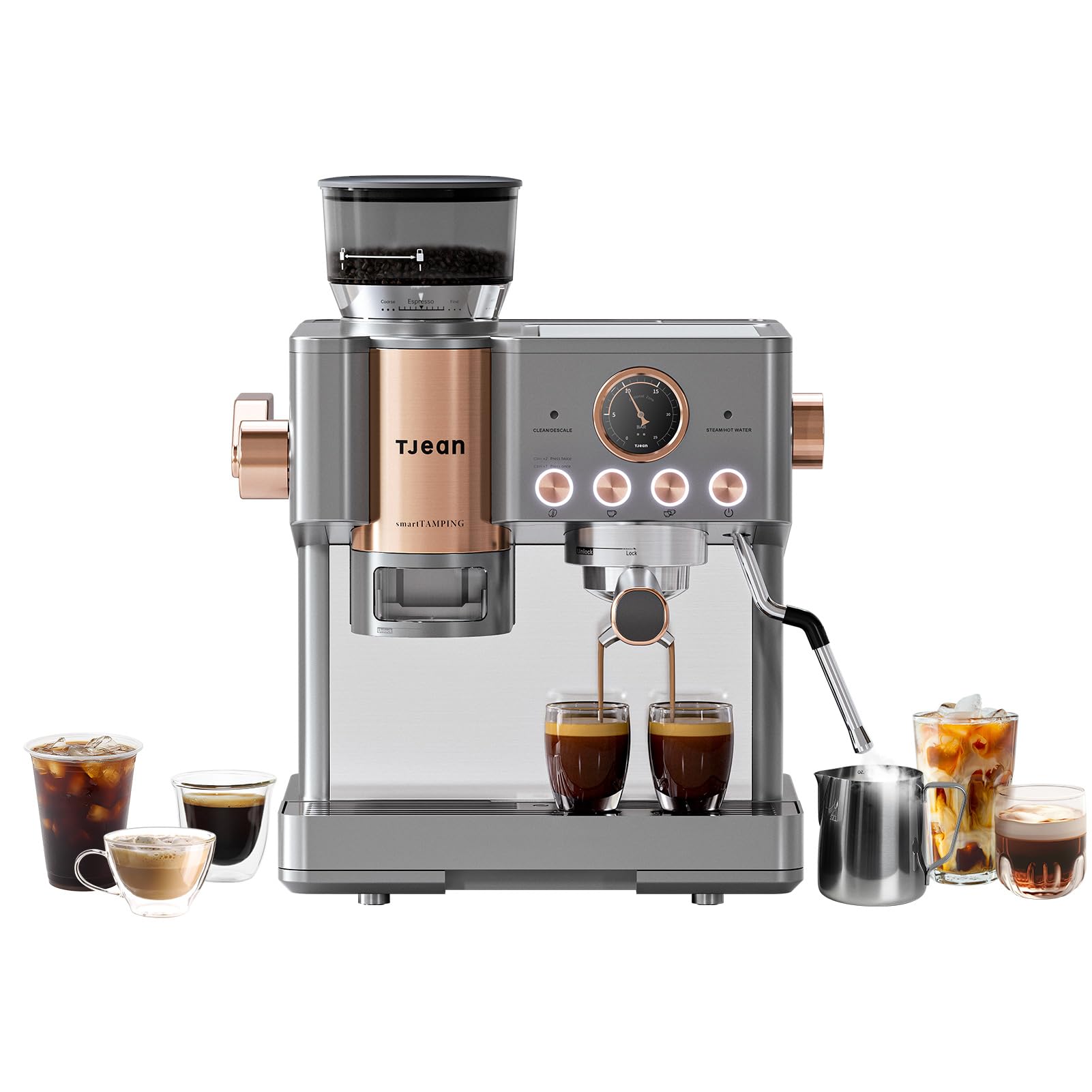 Tjean Barista Senso Doppelboiler Siebträgermaschine mit Mahlwerk und Manuellem Milchschäumer,3-in-1 Dampf-Espressomaschinen,20 Bar ital. Drucksystem,2,8L Wassertank (Grau-Gold)