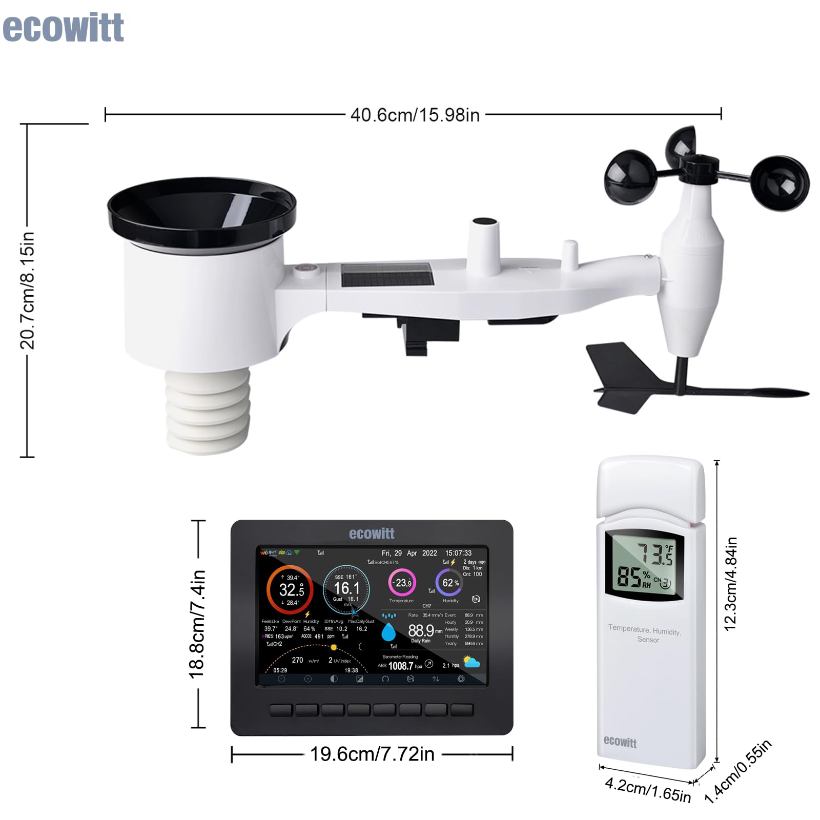 Ecowitt Estación meteorológica inalámbrica Wi-Fi - Pronóstico meteorológico digital con pantalla TFT de 7 pulgadas, indicador de lluvia, anemómetro, pasarela para ecosistema Ecowitt, HP2551