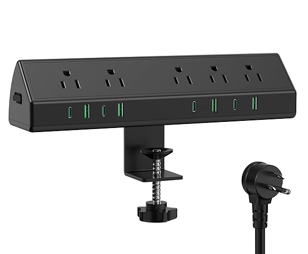 45W Fast Charging Station,Desk Clamp Power Strip,4 PD USB-C Ports,5 AC Outlets,Surge Protector Power Strip, 14AWG Heavy Duty Cord, Fits 1.9" Tabletop Edge (Black, 10 FT Cable) - 10 FT Cable - Black