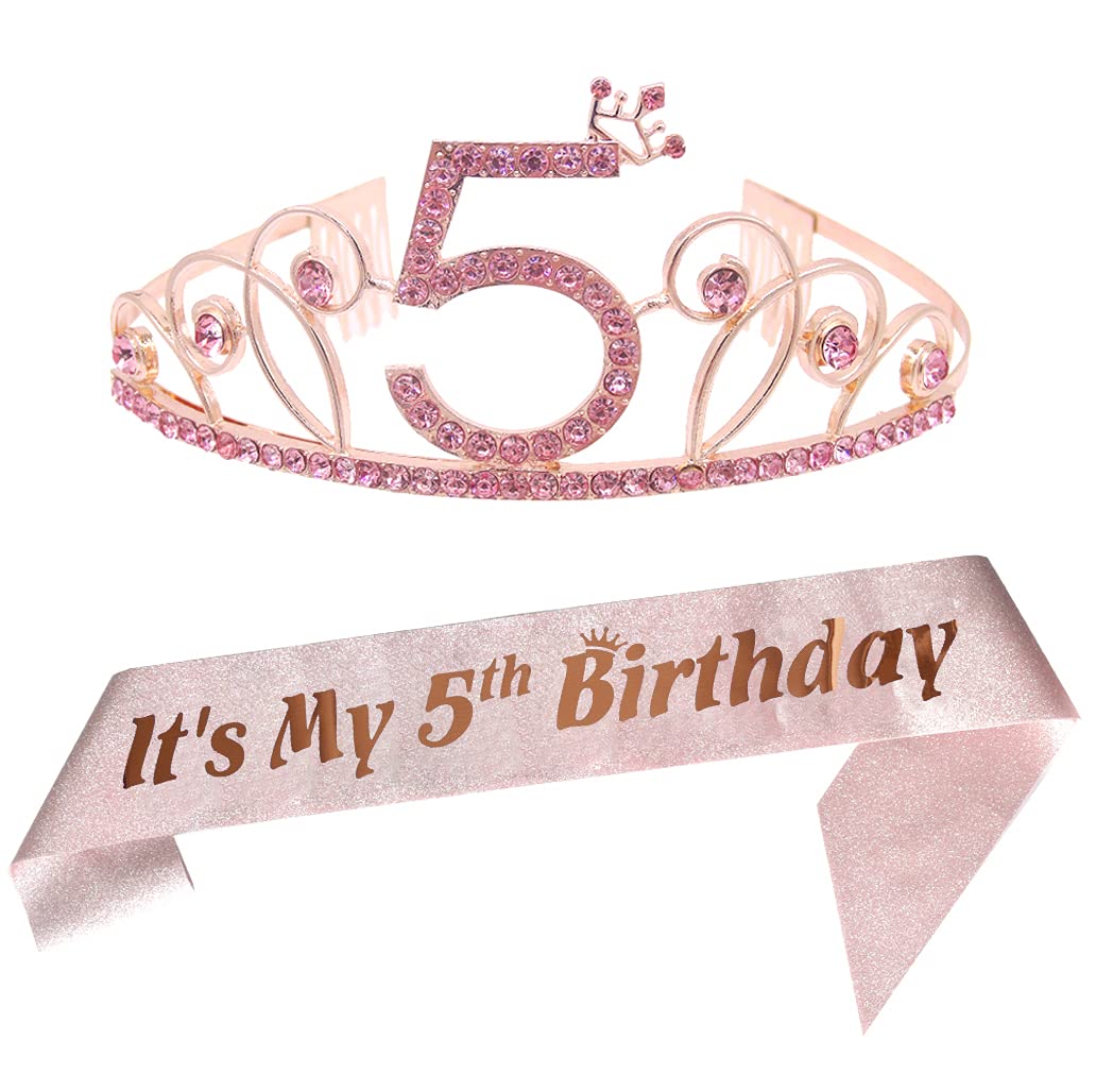 Dgasin Pink Satin Sash and Crystal Tiara - 5th Birthday Princess Party Kit