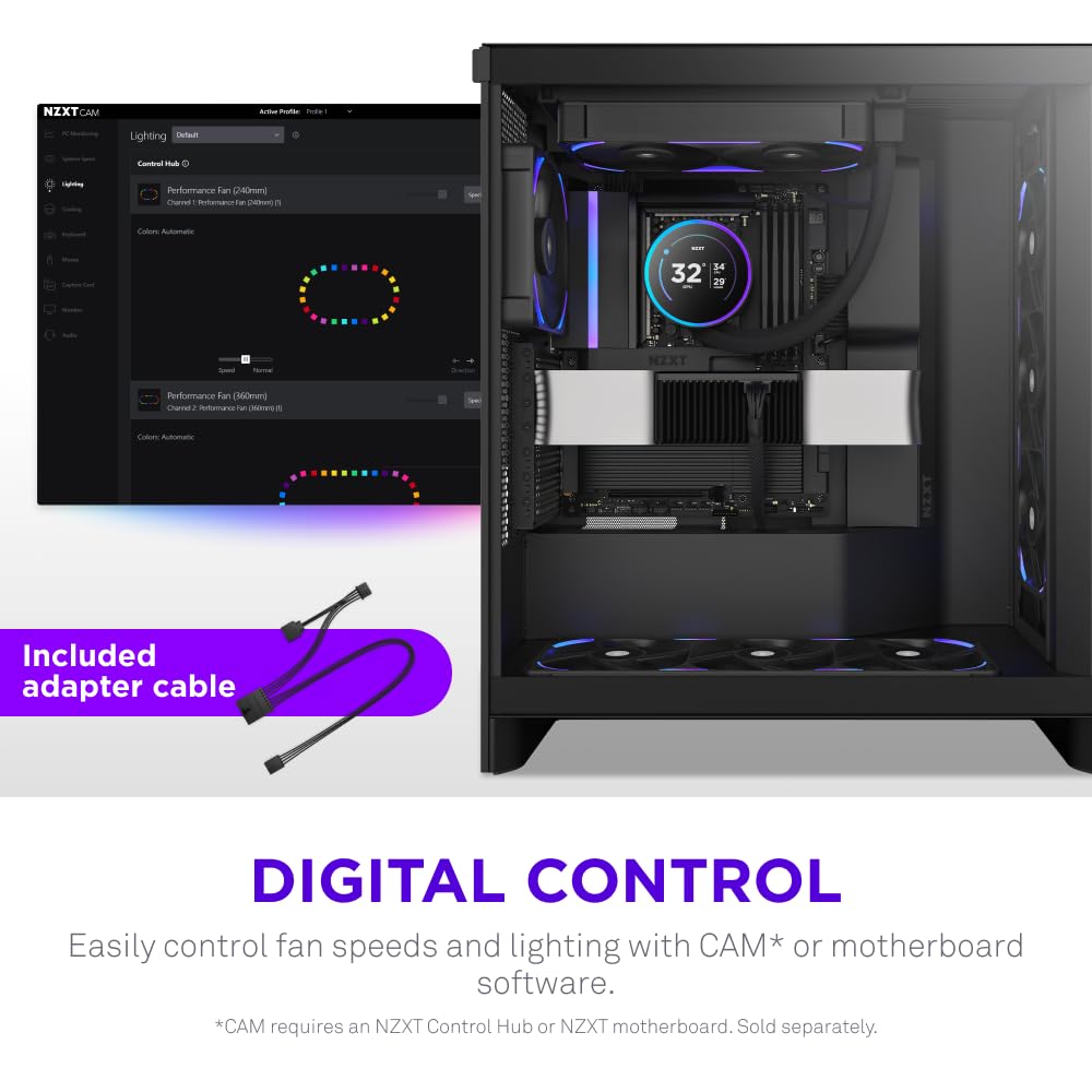 NZXT F240X - Wentylator Wydajnościowy RGB PWM single-frame 240mm - Czarny | Zestaw single-frame 240mm z dwoma wentylatorami RGB 120mm. Maks. airflow i ciśnienie statyczne, podświetlenie przez CAM.