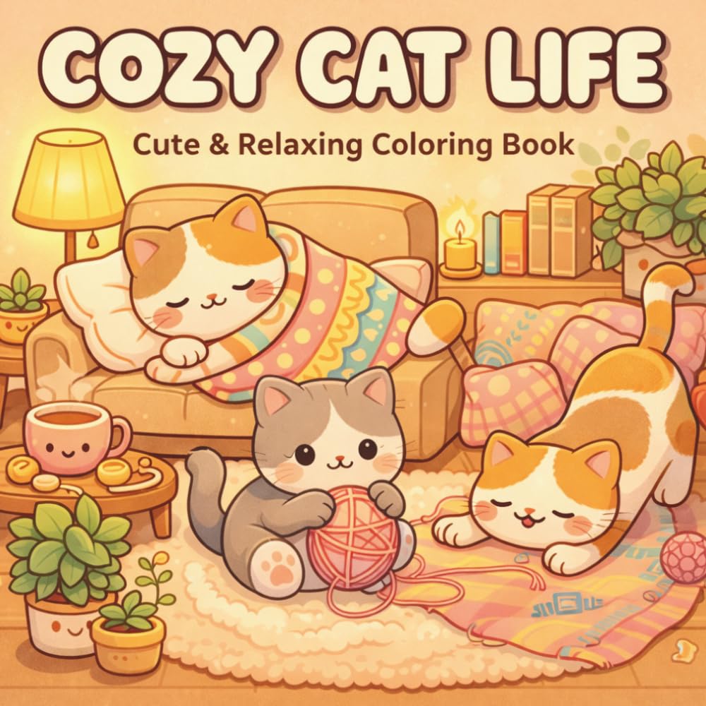 Cozy Cat Coloring Book: 50 Easy and Bold Cozy Designs For Relaxation, Hygge Moments, And Cute Animal Coloring Fun For Adults And Teens