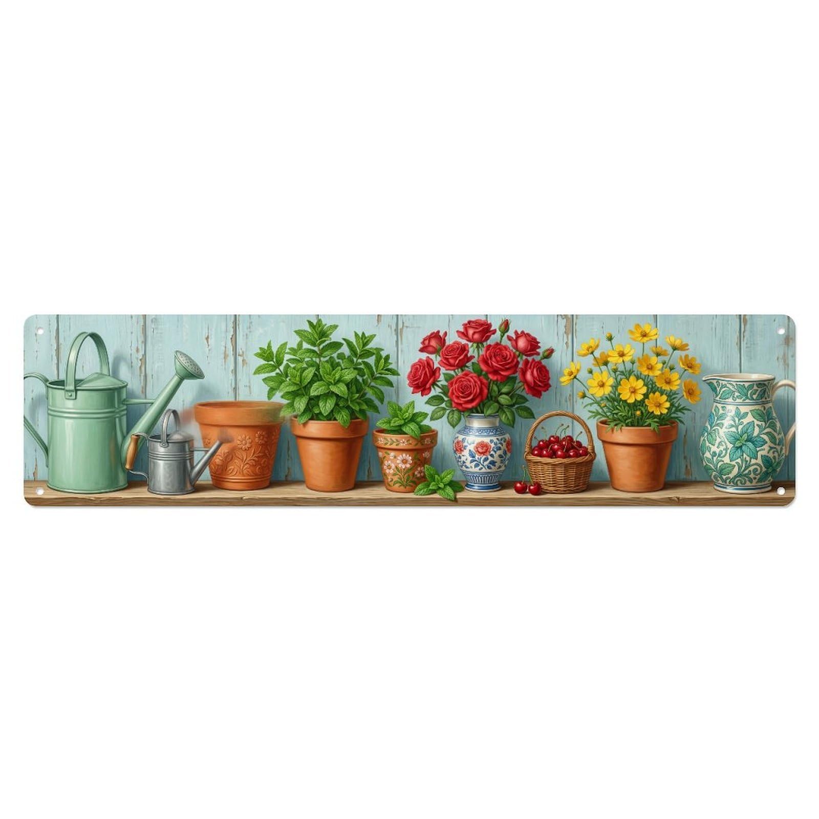 Fqnyr Style Metal Tin Sign Floral Garden Tools Mint Fresh Pattern Print